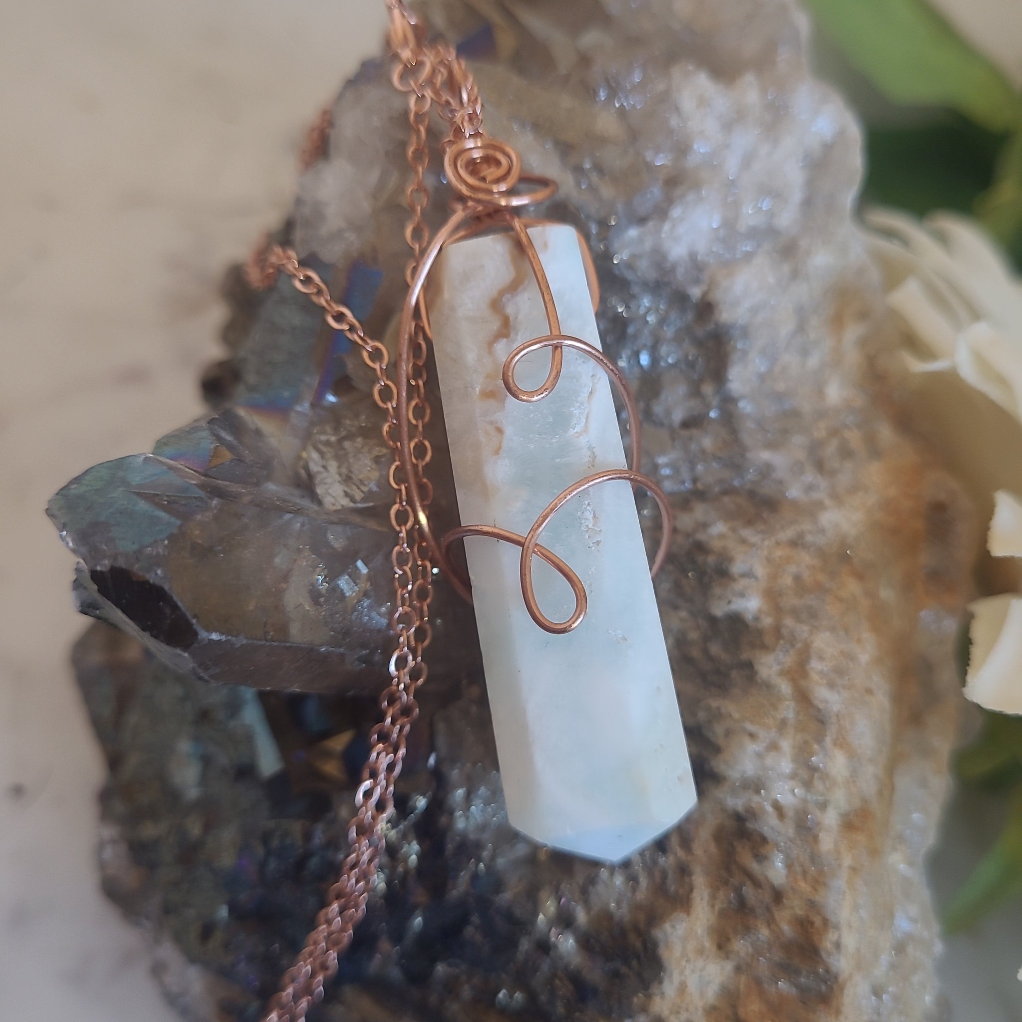 Caribbean Calcite point Pendulum copper Wire Wrap Necklace