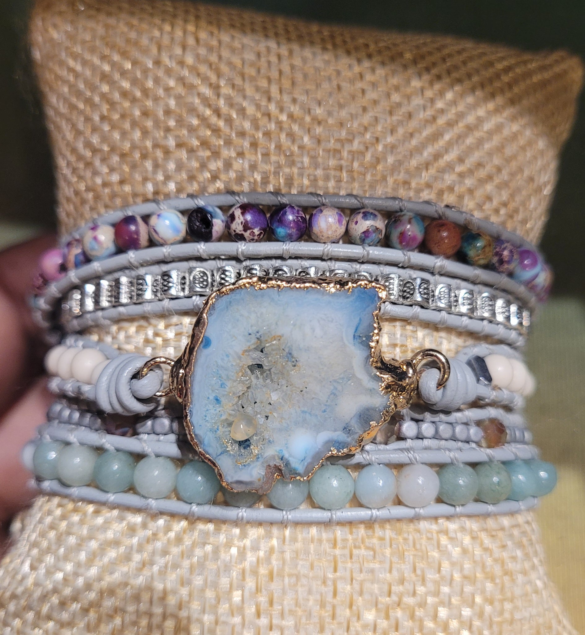 Blue sliced Geode Natural Stone Wrap Bracelet