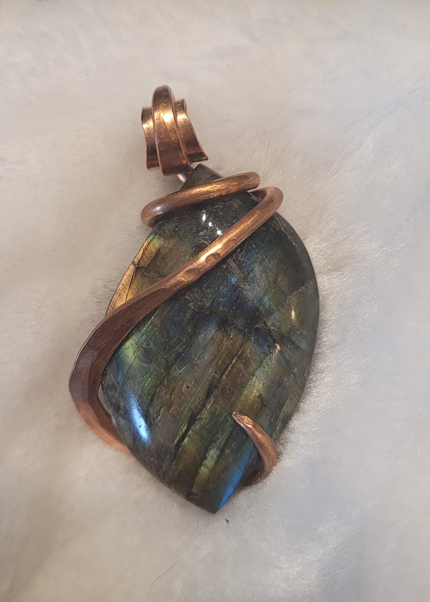 Fiery Green and Blue Flash Labradorite Wire Wrap Pendant