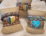 Heart Shaped  Multi Color Natural Stone Leather Wrap Bracelet