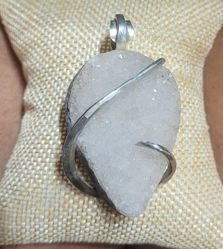Large White Quartz Crystal Natural stone Pendant Necklace, White Crystal Quartz Sterling Silver Wire Wrap, Crystal Quartz Geode Necklace