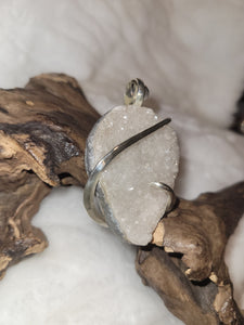 Large White Quartz Crystal Natural stone Pendant Necklace, White Crystal Quartz Sterling Silver Wire Wrap, Crystal Quartz Geode Necklace