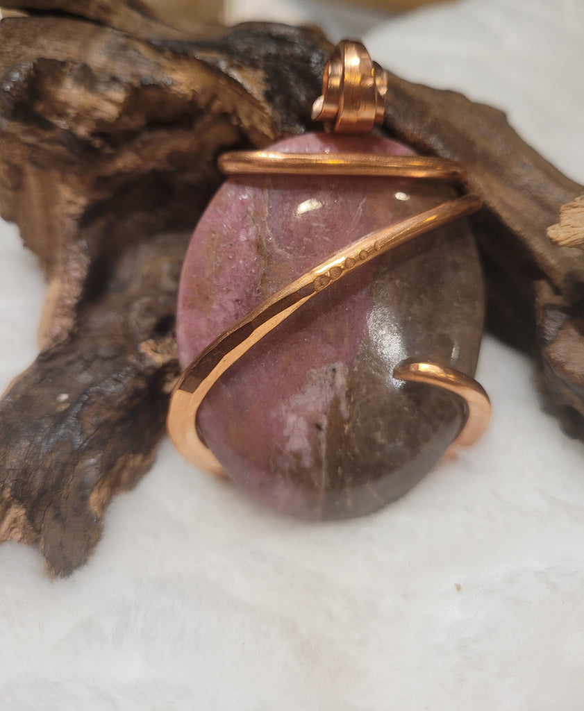 Rhodonite Pendant Necklace, Pink Oval Shaped Natural Stone wrapped in Copper