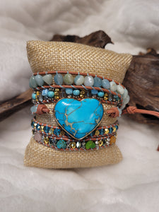 Turquoise Blue Heart Shaped Stone Leather Wrap Bracelet
