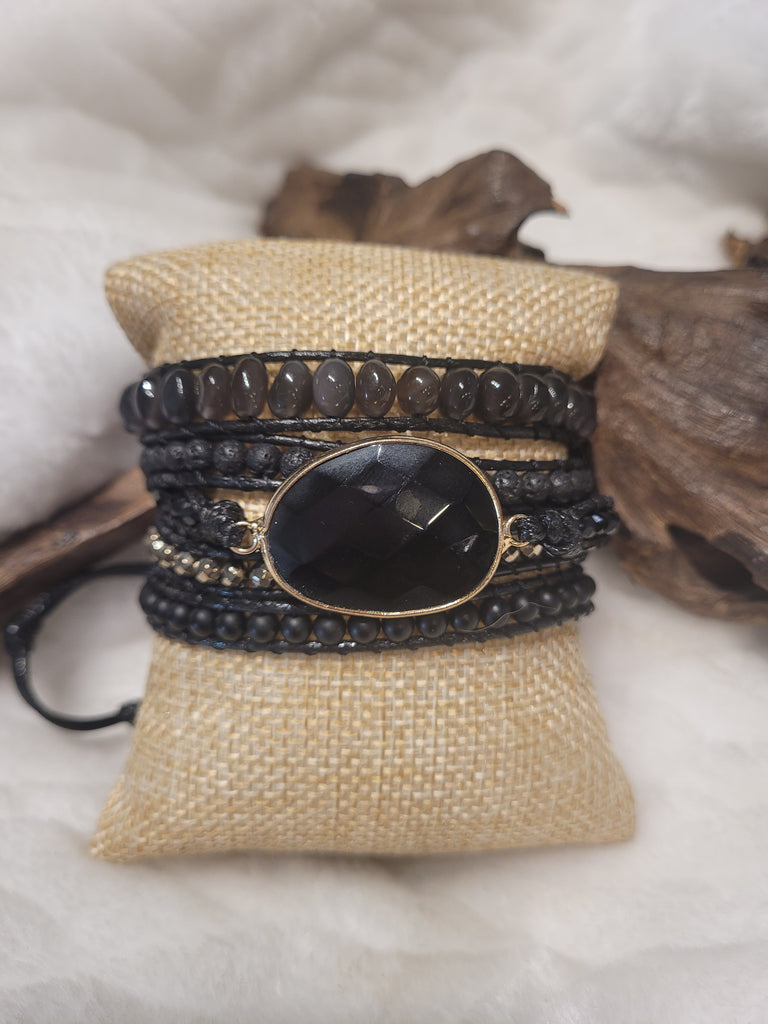 Black Natural Stone Boho Style Wrap Bracelet