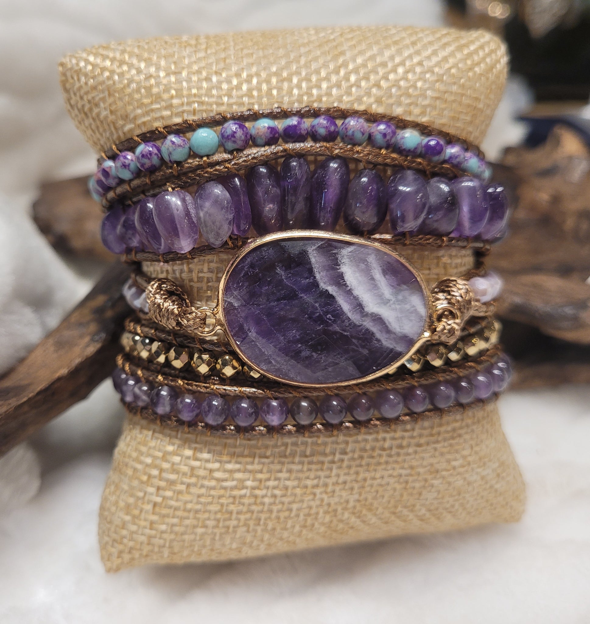 Amethyst Natural Stone and leather cord Wrap Bracelet
