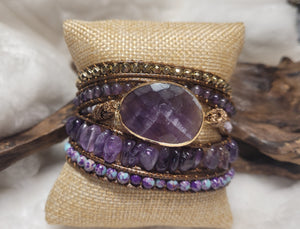 Amethyst Natural Stone and leather cord Wrap Bracelet