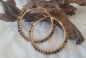 Tigers Eye Natural Stone Gold Hoop Earrings