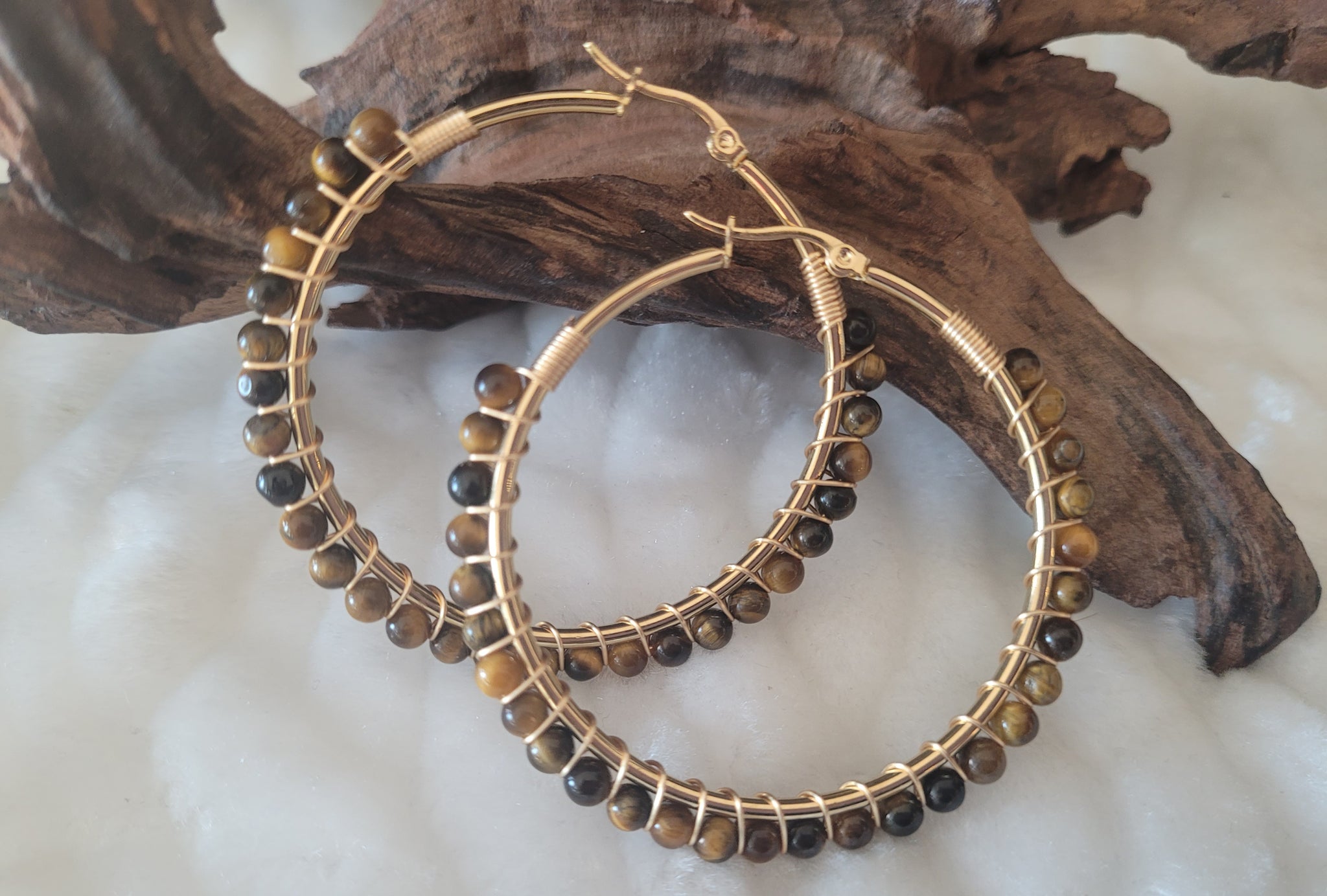 Tigers Eye Natural Stone Gold Hoop Earrings