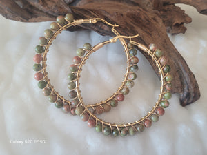 Unakite Natural Stone Gold Hoop Earrings