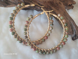 Unakite Natural Stone Gold Hoop Earrings