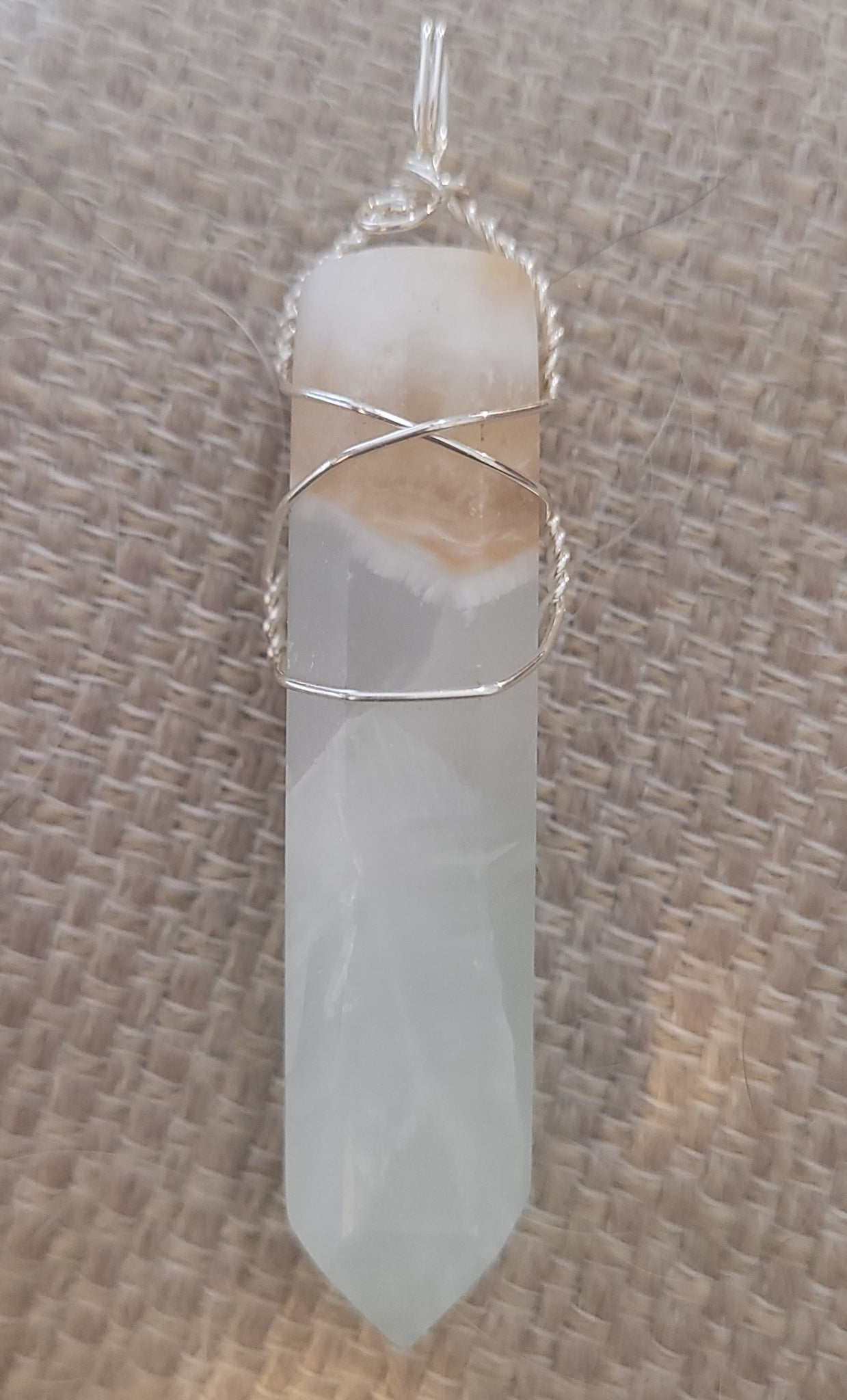 Caribbean Calcite point Pendulum Wire Wrap Necklace ( Silver)