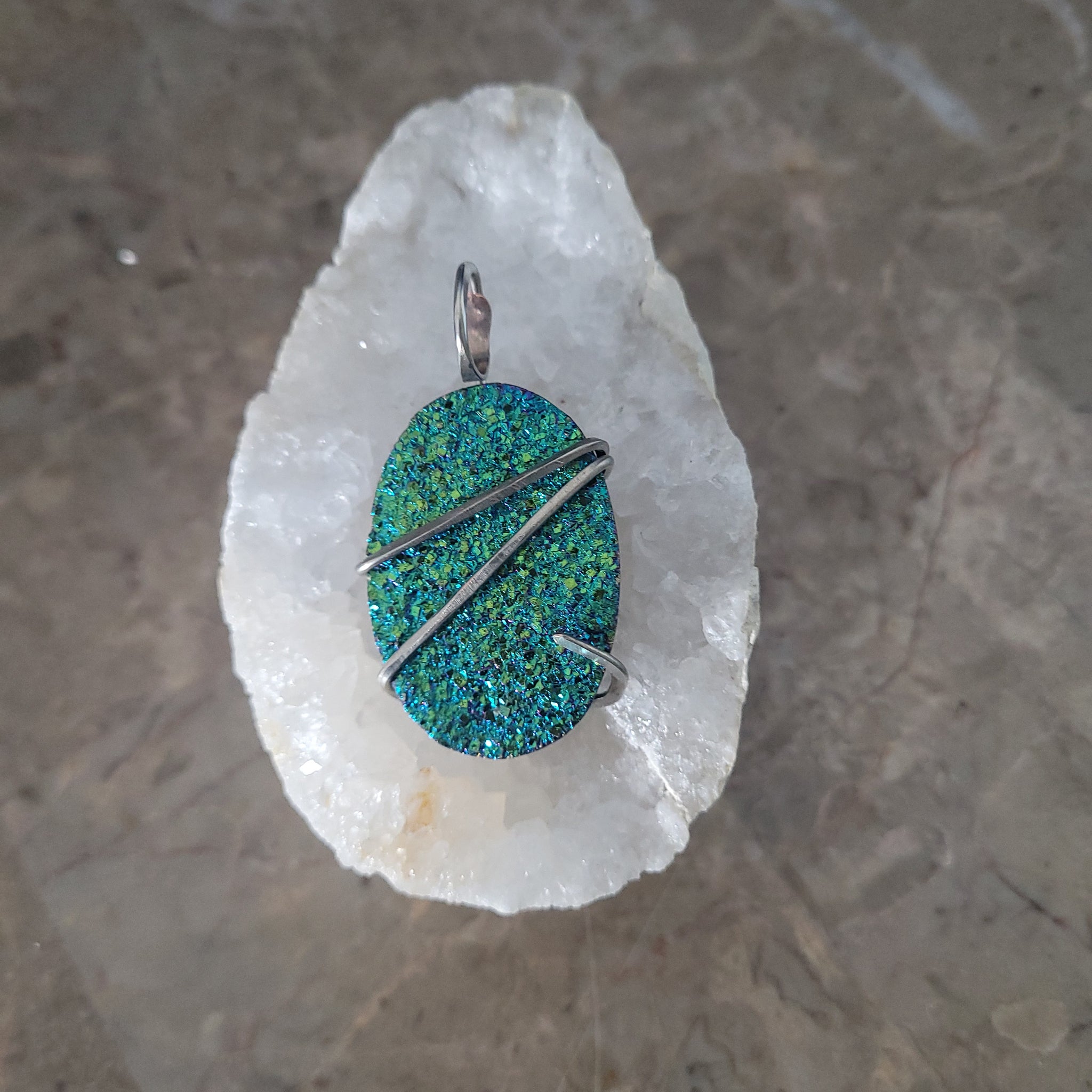 Teal Blue Rainbow Titanium Aura Oval Wire Wrap Sterling Silver