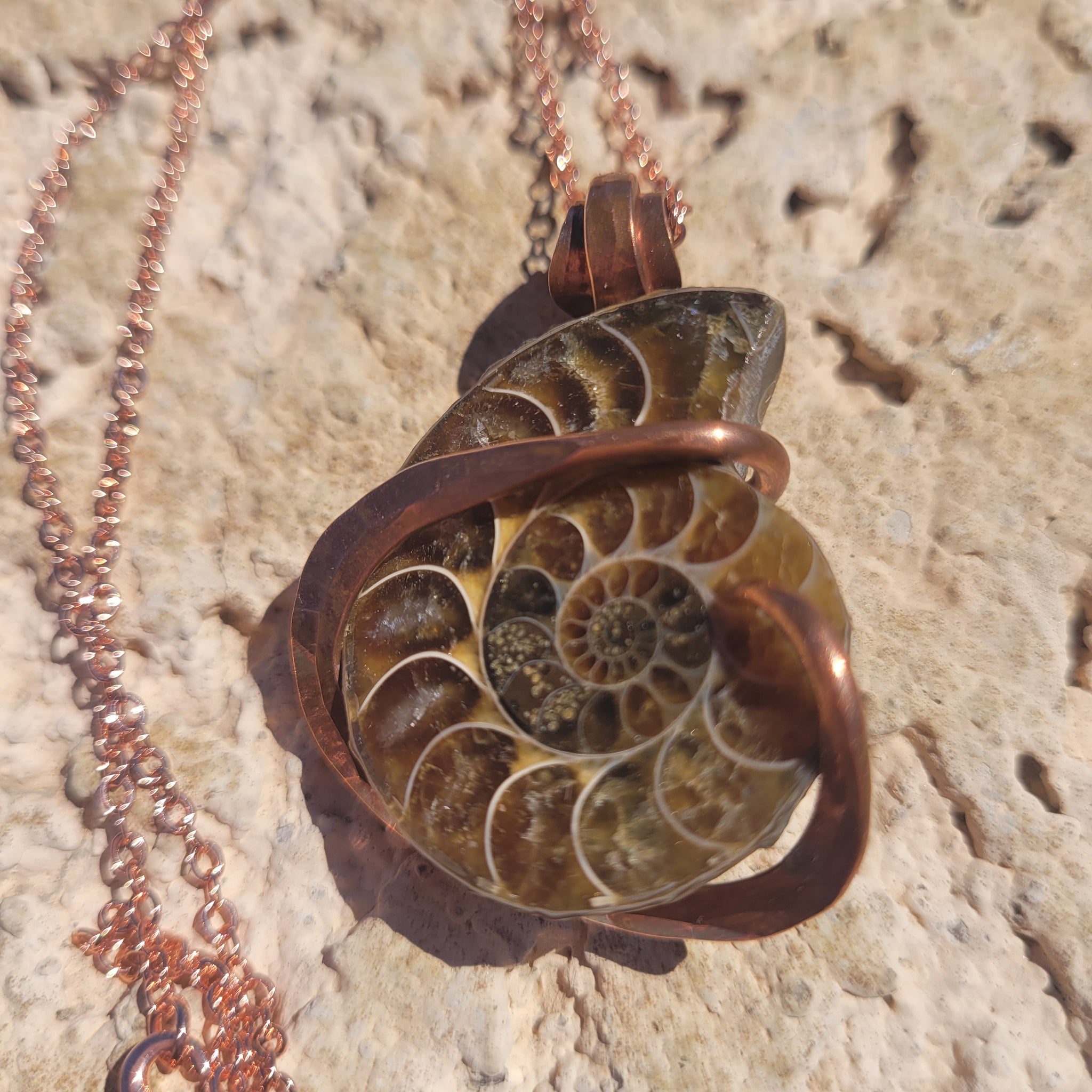 Ammonite Fossil Necklace Copper Wrap