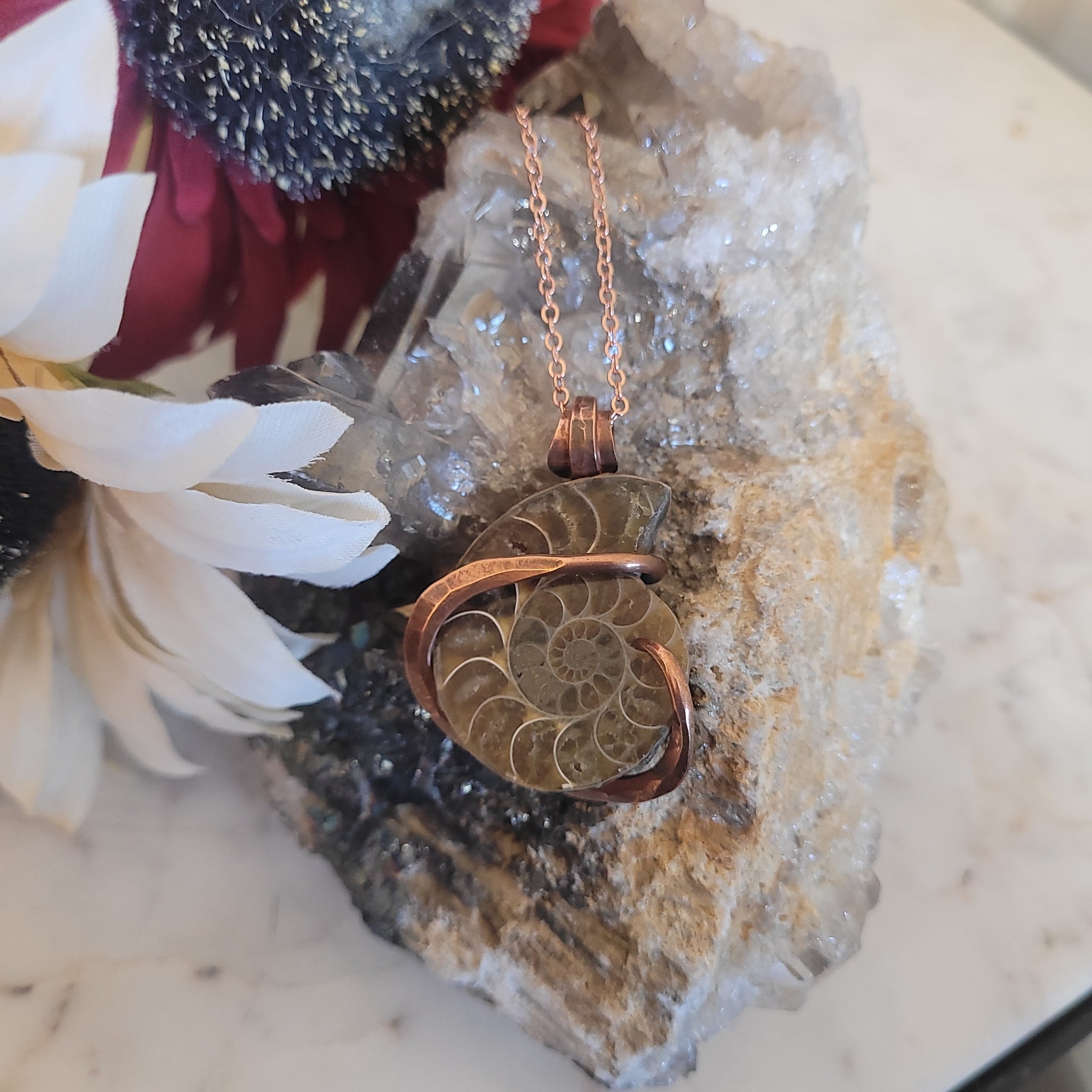 Ammonite Fossil Necklace Copper Wrap