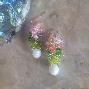 Pink And Green Crystal and Natural Pearl Earrings, AKA Paraphernalia, Alpha Kappa Alpha Sorority Inc