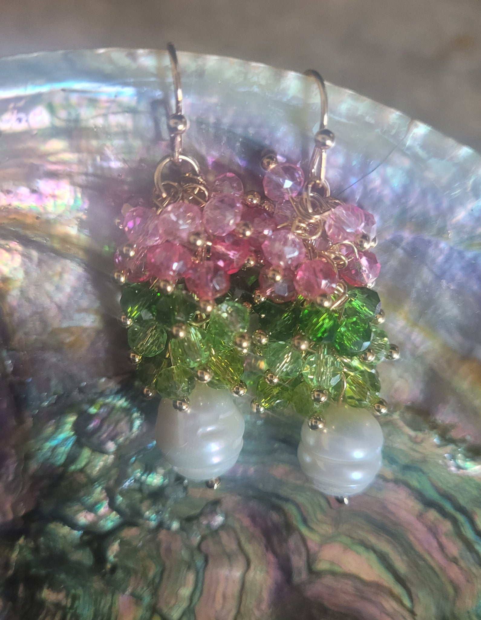 Pink And Green Crystal and Natural Pearl Earrings, AKA Paraphernalia, Alpha Kappa Alpha Sorority Inc