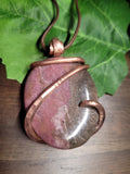 Rhodonite Pendant Necklace, Pink Oval Shaped Natural Stone wrapped in Copper