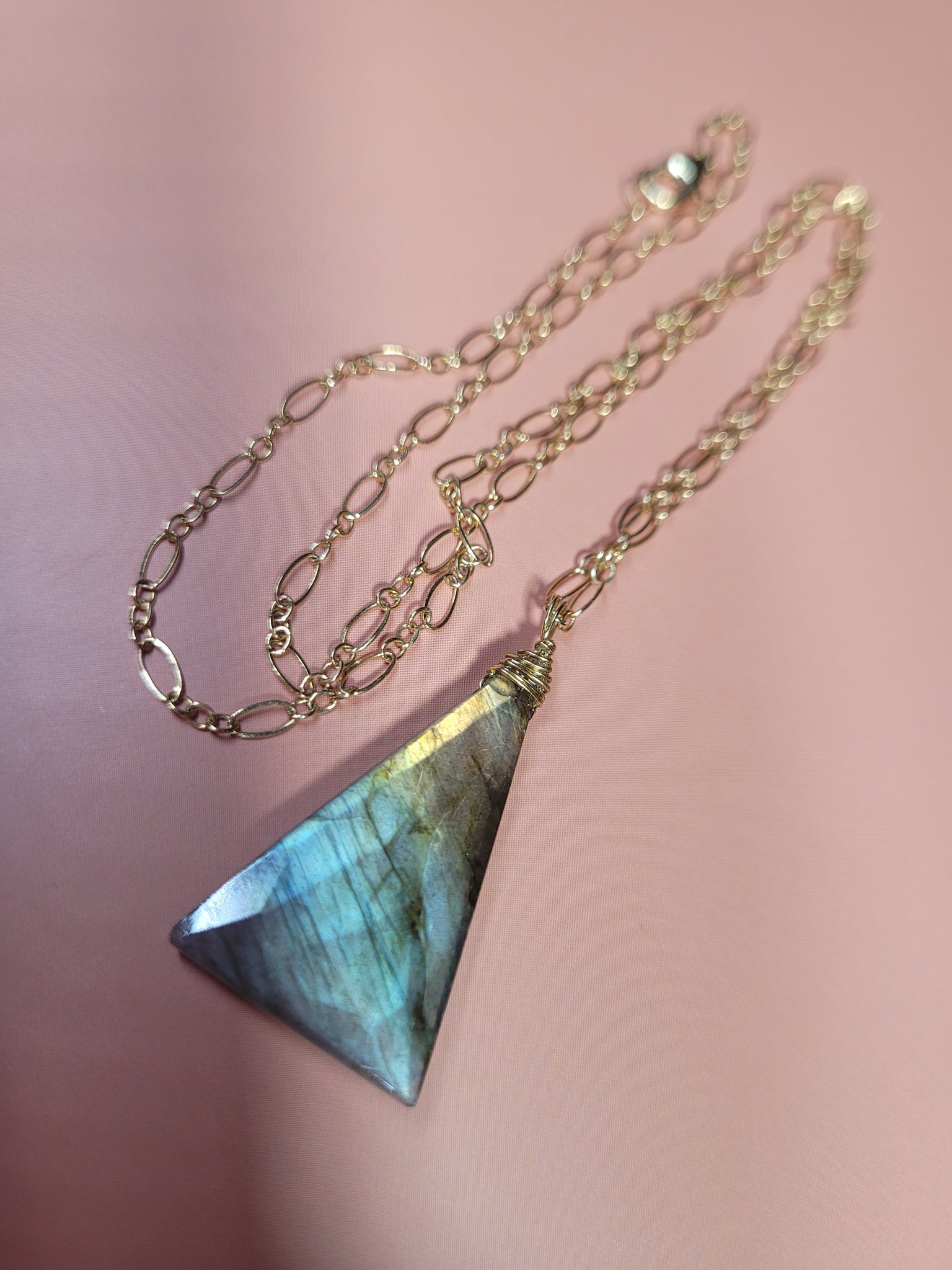 14KGF Triangular Shape Faceted Labradorite Necklace on 14KGF Chain