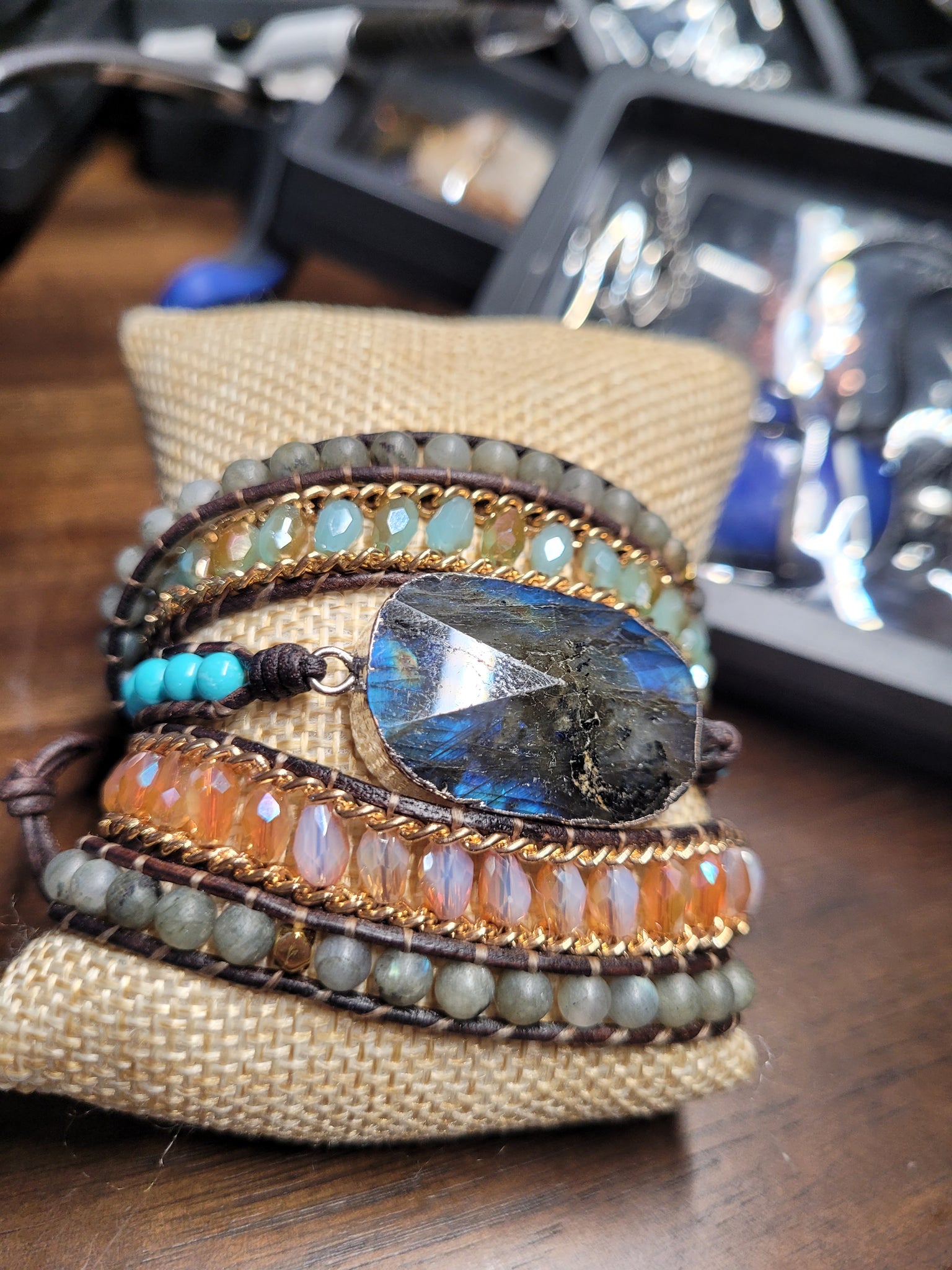 Flashy Blue Labradorite Natural Stone Wrap Bracelet