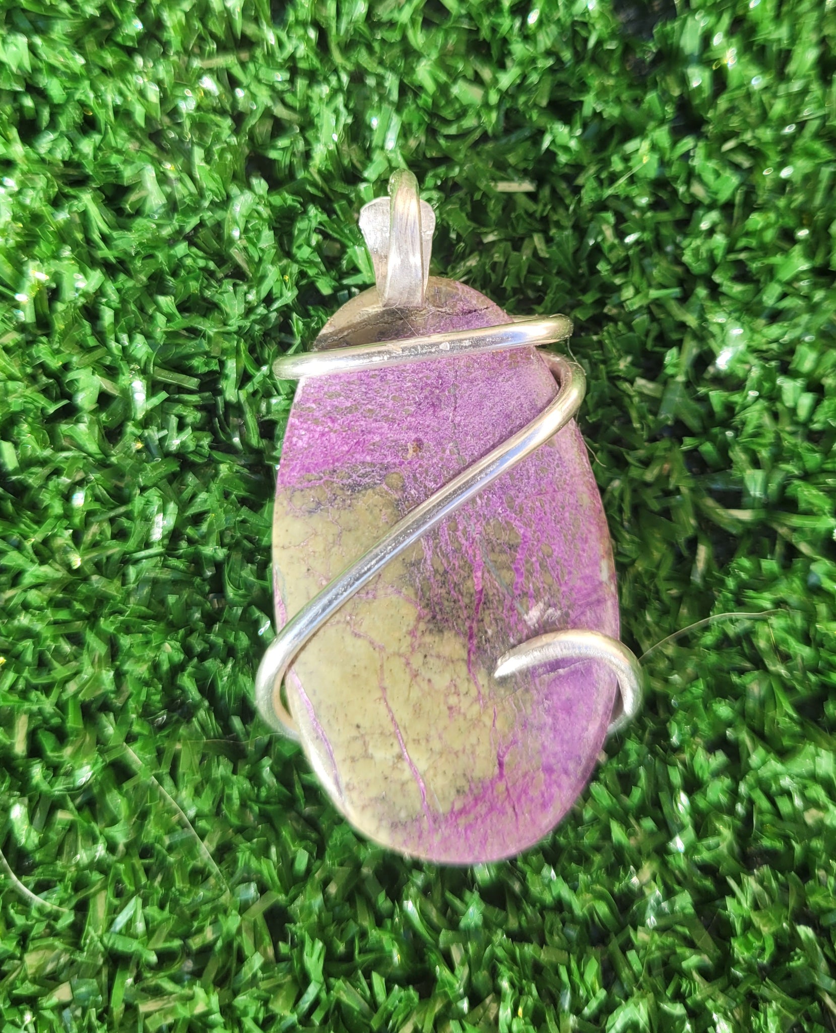 Stitchtite Natural Stone Pendant Necklace, Oval Shaped Stone Wire Wrapped Pendant, Copper Wire Wrap Necklace, Purple and Green Stone Necklace