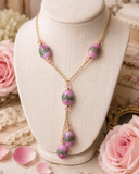 Pink and Green Rose floral Lamp Bead Lariat Necklace