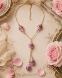 Pink and Green Rose floral Lamp Bead Lariat Necklace