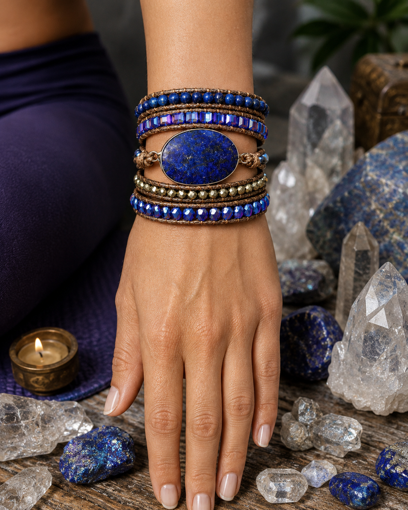 Blue Lapis Lazuli Stone Unisex Wrap Bracelet with Iridescent Crystal