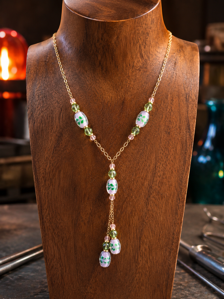 Pink and Green Ivy Leaf Lamp Bead Lariat Necklace