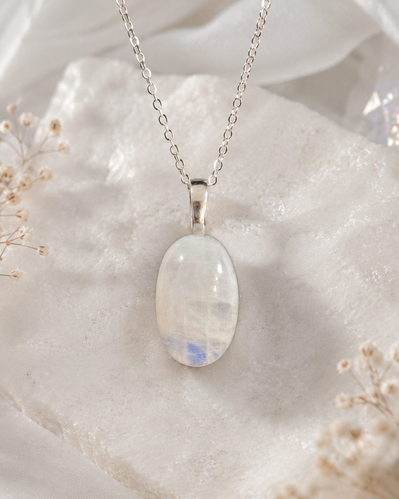 Large Oval Shape Rainbow Moonstone Necklace