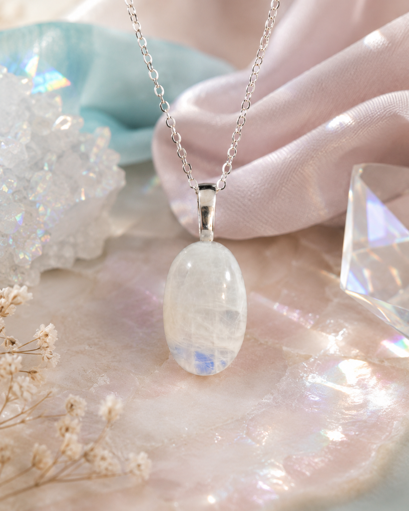 Large Oval Shape Rainbow Moonstone Necklace