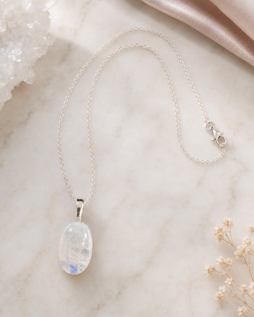 Large Oval Shape Rainbow Moonstone Necklace