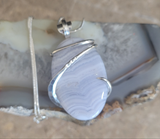 Large Oval Shape Blue Lace Agate Natural Stone Pendant Necklace, Handmade Sterling Silver