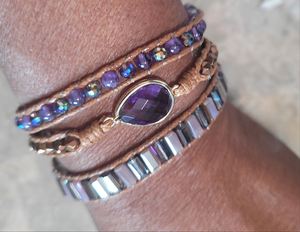 Amethyst Natural Stone and leather cord 3 Wrap Bracelet