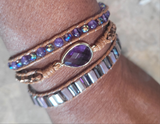 Amethyst Natural Stone and leather cord 3 Wrap Bracelet