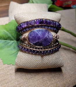 Amethyst Natural Stone and leather cord Wrap Bracelet