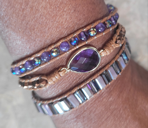 Amethyst Natural Stone and leather cord 3 Wrap Bracelet
