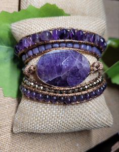 Amethyst Natural Stone and leather cord Wrap Bracelet