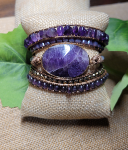 Amethyst Natural Stone and leather cord Wrap Bracelet