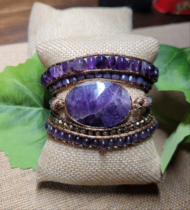 Amethyst Natural Stone and leather cord Wrap Bracelet