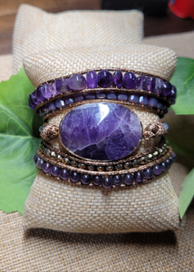 Amethyst Natural Stone and leather cord Wrap Bracelet