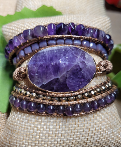 Amethyst Natural Stone and leather cord Wrap Bracelet