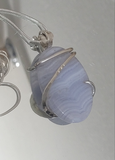 Large Oval Shape Blue Lace Agate Natural Stone Pendant Necklace, Handmade Sterling Silver