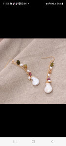 Long Fresh Water Pearl and Tourmaline Stone Earrings