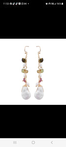 Long Fresh Water Pearl and Tourmaline Stone Earrings