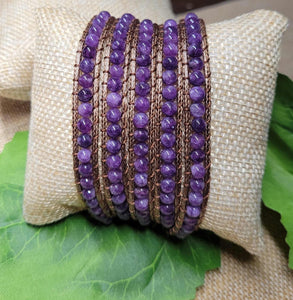 4mm Beaded Amethyst 5 Layer Wrap Leather Bracelet