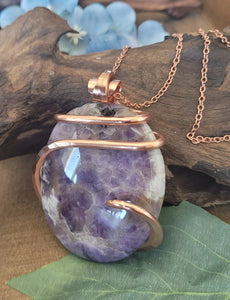 Oval Amethyst Natural Stone Pendant - Copper