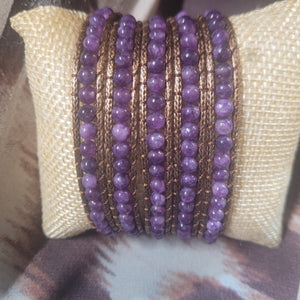 4mm Beaded Amethyst 5 Layer Wrap Leather Bracelet