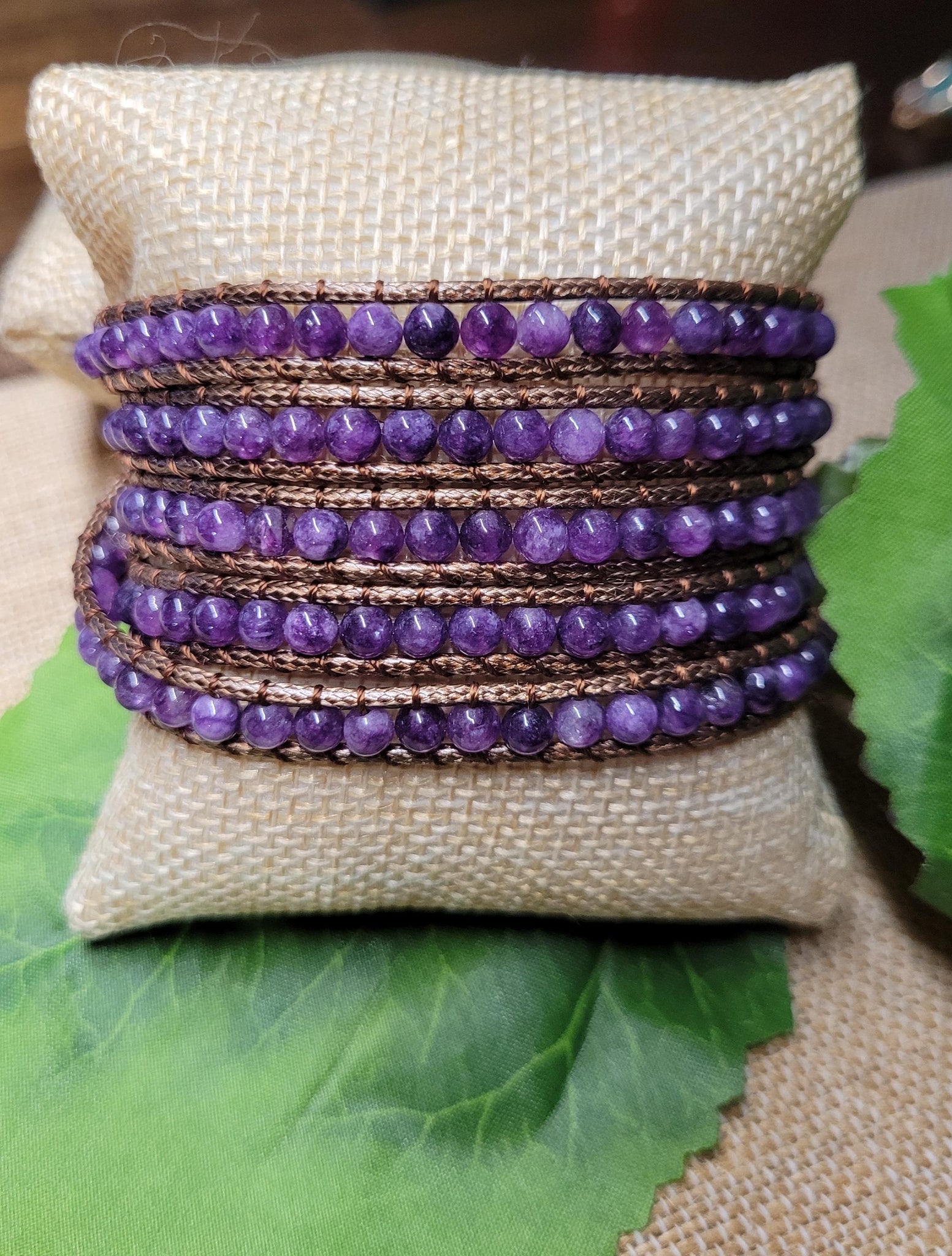 4mm Beaded Amethyst 5 Layer Wrap Leather Bracelet