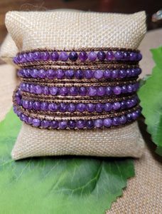 4mm Beaded Amethyst 5 Layer Wrap Leather Bracelet